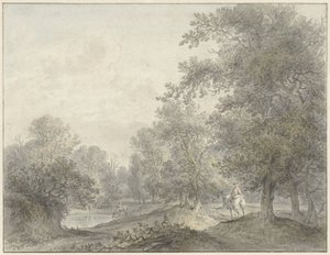 Skogslandskap med ryttare och damm av Jacobus Versteegen