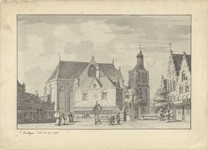 Kyrkan, våghuset och fiskmarknaden i Workum av Jacobus Versteegen