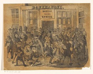 Trängas framför en bokhandel för att få tag i De Komiek av Jacobus Wilhelmus Adrianus Hilverdink (possibly)