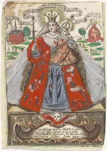 Maria med barn med två kyrkobyggnader bakom sig av Jacobus de Man (I)