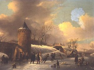 Skridskoåkare på en frusen vattenväg vid ett torn av Jacobus van der Stok