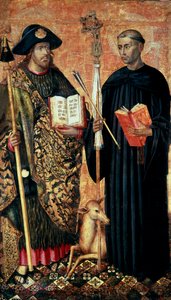 Sankt Jakob av Compostela representerad i pelerin med stav, hatt och skal. och eremiten Saint Gilles (600-talet), ca 1450 (tempera och olja på panel) av Jacomart (c.1413 61) Baco