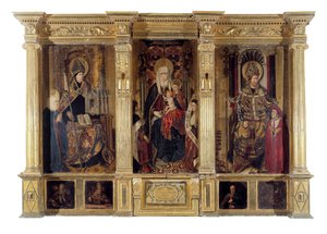Altartavlan av Sankt Ildefonso (död 667, biskop av Tolede) och Sankt Augustinus av Hippo (ca 354-430, berberfilosof och författare). Målning av Jaume Baco dit Jacomart (1410-1461). Olja på trä, ca 1450, renässanskonst. Cathedrale Sainte Marie la Seu av Jacomart (c.1413 61) Baco