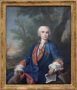 Soprankastraten Carlo Broschi, kallad Farinelli (1705-1782). Sångaren bär medaljen av ordningen Calatrava, på partituret han håller i sin hand, några mått av operan Zenobia av Gaetano Latilia. Målning av Jacopo Amigoni (1682-1752), olja på