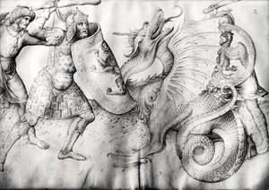 Strid mellan krigare och en drake, ca 1450 (bläck på veläng) av Jacopo Bellini