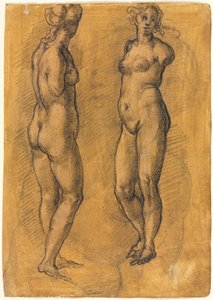 Kopia av en antik staty av en stående kvinna två vyer, över en skiss av en Putto, 1570-talet. av Jacopo Chimenti