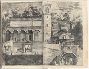 Utsikt över kvadranten: huvuddörren, torget, kyrkan och loggian i klostret Monte della Vernia är i år MD av Jacopo Ligozzi