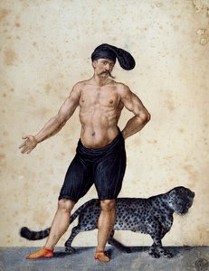 Unga afrikansk man står längst fram, halvklädd med lång berretta (mössa) på huvudet, med en tiger bakom sig, teckning av Jacopo Ligozzi (1547-1627). av Jacopo Ligozzi