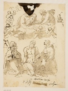 Sts Antony, Hieronymus och Bernardino på knä, med jungfrun och det spädbarn Kristus omgiven av barnänglar bortom av Jacopo Palma