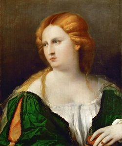 Ung kvinna i en grön klänning, en låda i handen, ca 1514