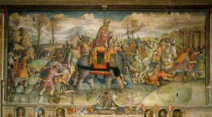 Fresk föreställande Hannibal som anländer till Italien. Av Jacopo Ripanda. Sent 1500-tal. Palazzo des Conservatori, Rom - Hannibal korsar Alperna, 218 f.Kr., av Jacopo Ripanda (aktiv ca 1500-1516), ca 1510, fresk från Conservatories Palace, Rom, detalj, Se av Jacopo Ripanda