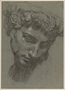 Porträtt av Giuliano de’ Medici, efter Michelangelo (recto) (svartvit krita på blått papper) av Jacopo Robusti (workshop of) Tintoretto