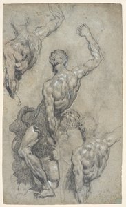 Studier av Michelangelos "Samson och filistéerna", c.1575–85 (krita, kol, gouache, papper) av Jacopo Robusti (workshop of) Tintoretto