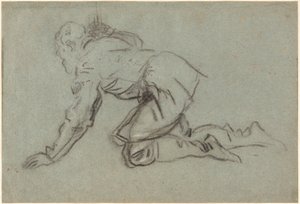En knästående man som håller en stav, ca 1554-56 (kol på blått papper) av Jacopo Robusti Tintoretto