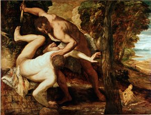 Kain dödar Abel Målning av Jacopo Robusti dit il Tintoretto (Tintoret) (1518-1594) 1550-1553 Sön. 149x196 cm Galleri of the Accademia, Venedig av Jacopo Robusti Tintoretto