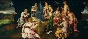 Contest between Muses and Pierides, av Jacopo Robusti känd som Tintoretto (1519-1594), olja på panel, 46x91 cm