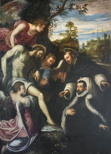 Död Kristus stödd av tre änglar, Dominikus och donator av Jacopo Robusti Tintoretto