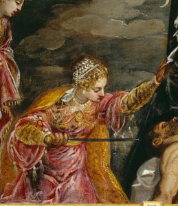 Judith och Holofernes (olja på duk), Tintoretto, Jacopo Robusti (1518-94) - Detalj av Judith och Holofernes (olja på duk) Tintoretto, Jacopo Robusti (1518-94) 1500-talet sön. 0,58x1,19 m Madrid, Prado Mu av Jacopo Robusti Tintoretto