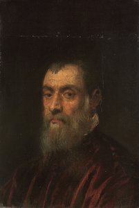 Porträtt av en skäggig man, bystlång, i en röd klänning av Jacopo Robusti Tintoretto