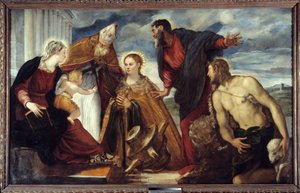 Jungfrun och barnet med Saint Catherine, Saint Augustine, Saint Mark, Saint John the Baptist Målning av Jacopo Robusti dit Il Tontoretto (Tintoret) 1549 Sön. 1,93x3,14 m Lyon, Musee des Beaux Arts av Jacopo Robusti Tintoretto