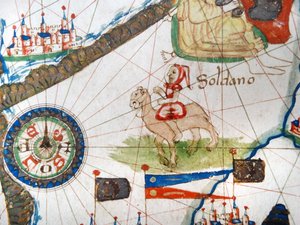 En arabisk handlare på en kamel, detalj från en renässanskarta över Europa, Jacopo Russo (efter) 1528