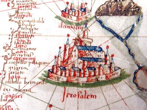 Detalj som visar Jerusalem och Damaskus från en renässanskarta över Europa, Jacopo Russo (efter), 1528