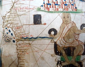 Detalj som visar en afrikansk linjal från en renässanskarta över Europa, Jacopo Russo (efter), 1528