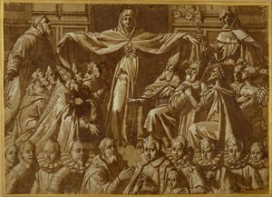 Madonna della Misericordia med Sts. Francis och Dominic, med andra helgon och härskare och en familj av donatorer (penna & brunt bläck med tvätt och vit kroppsfärg på papper) av Jacopo Zucchi