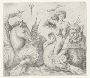 Gammal kvinna på baksidan av triton bredvid hippocampus Fury på baksidan av triton