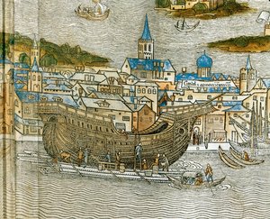 Byggande av en galär på ett skeppsvarv i Venedig, från Peregrinatio in Terram Sanctam, först tryckt på latin 1486 ... (träsnitt) av Jacopo de