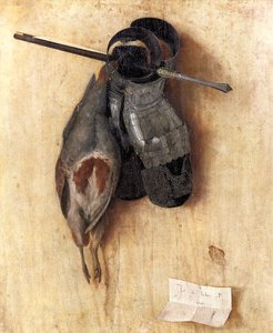 Tyska: Död rapphöna med järnhandskar och armborstbultar Still-Life med rapphöna och järnhandskar av Jacopo de
