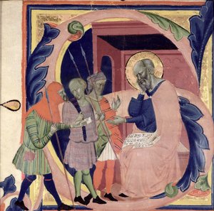 Historikert initial "S" som visar Job som tar emot budbärare med dåliga nyheter