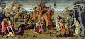 Landskap med bibliska scener och legender om helgonen av Jacopo del Sellaio