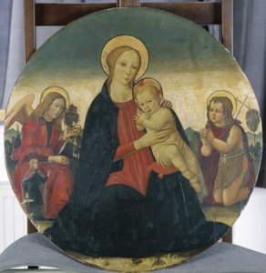 Madonna och barn med ärkeängeln Rafael och St. Johannes, ca 1490 (tempera på poppelträ)