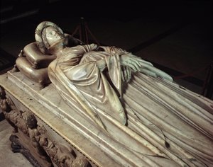 Ligger av Ilaria del Carretto (1379-1405), hustru till Paolo Guinigi (1376-1432) italiensk politiker (Ilaria del Carrettos begravningsmonument, fru till Paolo Guinigi) Marmorskulptur av Jacopo della Quercia (1371 / 74-1438-) 14068 1407 Lucca (Lucca), kated