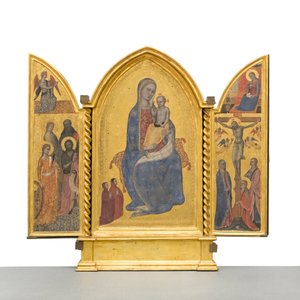 Madonna och barn; tillkännagivande; Crucifixion and Saints, c.1380 (panel) av Jacopo di Cione