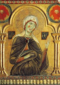 Mariafigur, från Frälsaren med Madonnan och tre heliga, av Meliore Toscano eller Meliore di Jacopo (cirka 1255-1285), tempera och guld på panel, 85x210 cm