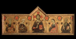 Polyptyk med återlösare och helgon: återlösaren (Jesus med jungfrun, den helige Petrus, den helige Johannes evangelisten och den helige Paulus) - olja på panel