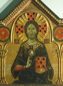 Redeemer, detalj från Redeemer with Madonna and three Saints, av Meliore Toscano eller Meliore di Jacopo (cirka 1255-1285), tempera och guld på panel, 85x210 cm