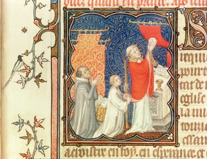 Ms Lat 18014 Jean de France (1340-1416) Hertig av Berry ber före upphöjningen av värdshuset, från Les Petites Heures de Duc de Berry, ca 1385-90