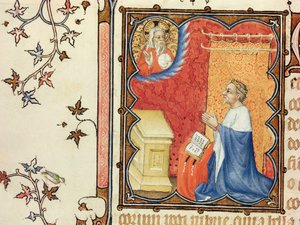 Ms Lat 18014 Jean de France (1340-1416) Hertigen av Berry berande inför den evige fadern, från Les Petites Heures de Duc de Berry, ca 1385-90