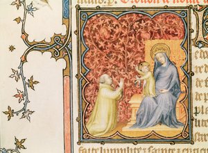 Ms Lat 18014 Jean de France (1340-1416) Hertig av Berry ber inför jungfrun och barnet, från Les Petites Heures de Duc de Berry, ca 1385-90
