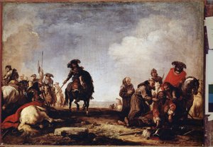 ""Efter slaget"" (Efter slaget) En grupp munkar passerar bland de sårade för att välsigna dem. Målning av Jacques Courtois (1621-1696) Hermitagemuseet från 1600-talet, Sankt Petersburg (Saint-Petersburg) av Jacques Courtois