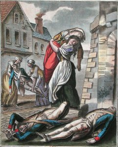Kvinnor som hjälper skadade under franska revolutionen, graverad av Labrousse, ca 1795 (färgad gravyr)