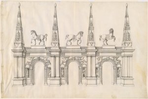 En triumfbåge med kapariserade hästar och utsmyckade pinnacles av Jacques Androuet Ducerceau I