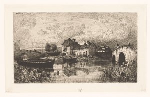 Utsikt över en by vid vattnet med en bro till höger och vänster av Jacques Barthélemy Appian (Adolphe)
