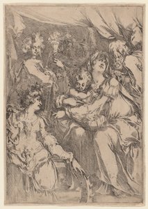 Den heliga familjen med Saint Catherine, Saint John the Evangelist och en ängel, 16121616.
