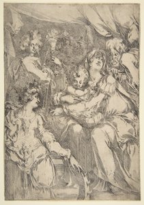 Den heliga familjen med Saint Catherine, Saint John the Evangelist and an Angel, 1612-16. av Jacques Bellange