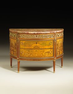 Ludvig XVI kommod, c.1770-75 (ormolu-monterad tulpanved, fruktved, platan, amaranth & pärlemor) (se även 714754-55)