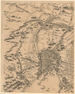 Plansch 2, upptill i mitten, ur ”Belägringen av La Rochelle” av Jacques Callot